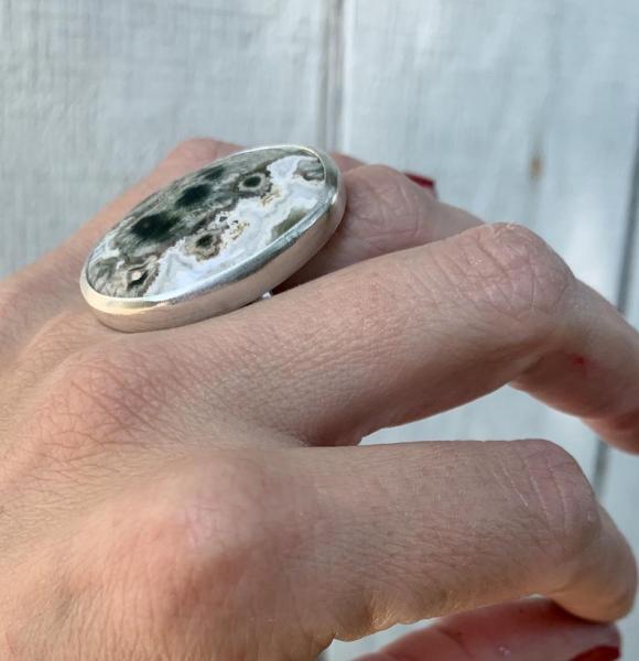 Rare One of a Kind Black White Gray Ocean Jasper Sterling Silver Ring picture