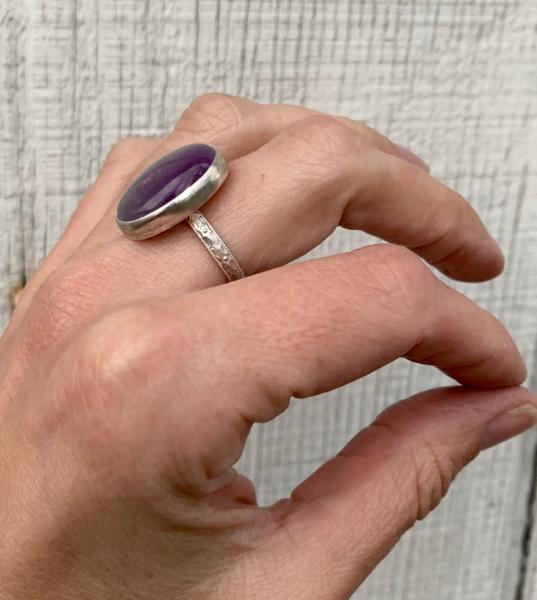 One of a Kind White and Purple Lace Amethyst Sterling Silver Ring with Patterned Ring Band | Amethyst Ring picture