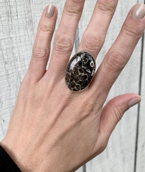 Rare Large Oval Turritella Agate Sterling Silver Statement Ring | Fossil Ring picture