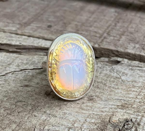 Vintage Oval Opalite Glass with Gold Foil Backing Carved Egyptian Scarab Ring in Sterling Silver picture