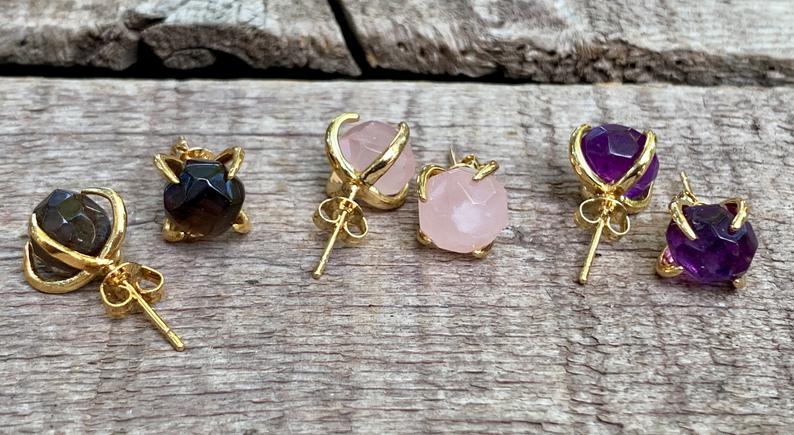 Round Faceted Amazonite Rose Quartz or Amethyst Gold Plated Prong Stud Earrings picture