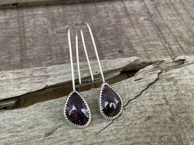 Dark Purple Faceted Geometric Sapphire Sterling Silver Drop Earrings | Sapphire Earrings | Birthstone Earrings