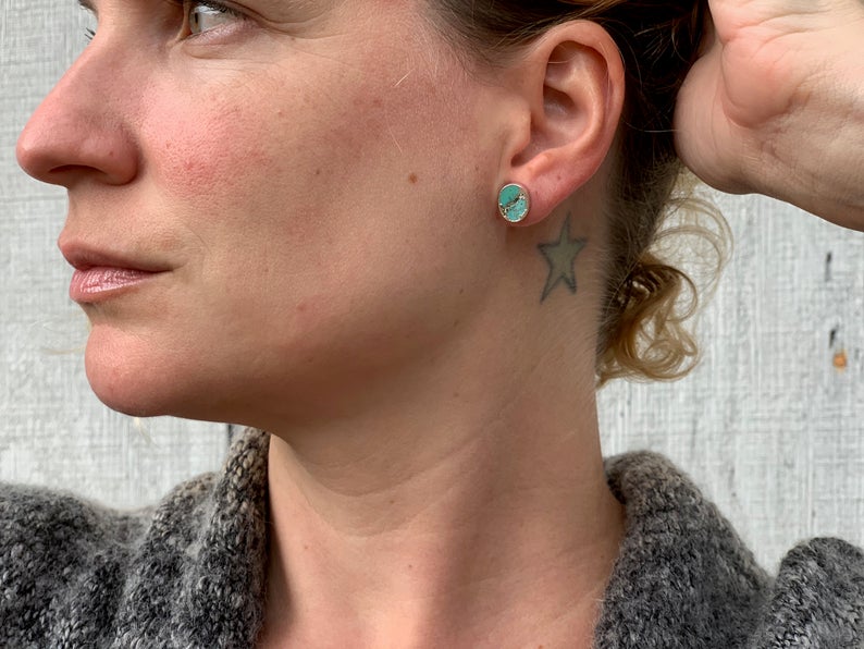 Tibetan Turquoise SIlver Dipped Stud Earrings | Turquoise Earrings | Turquoise Studs | December Birthstone picture