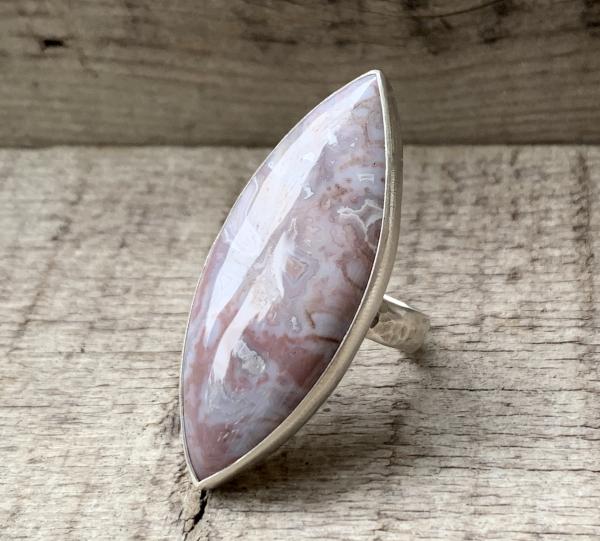 Large Marquise Pink Lilac White Moss Opal Agate Sterling Silver Ring with Hammered Ring Band picture
