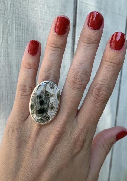 Rare One of a Kind Black White Gray Ocean Jasper Sterling Silver Ring picture