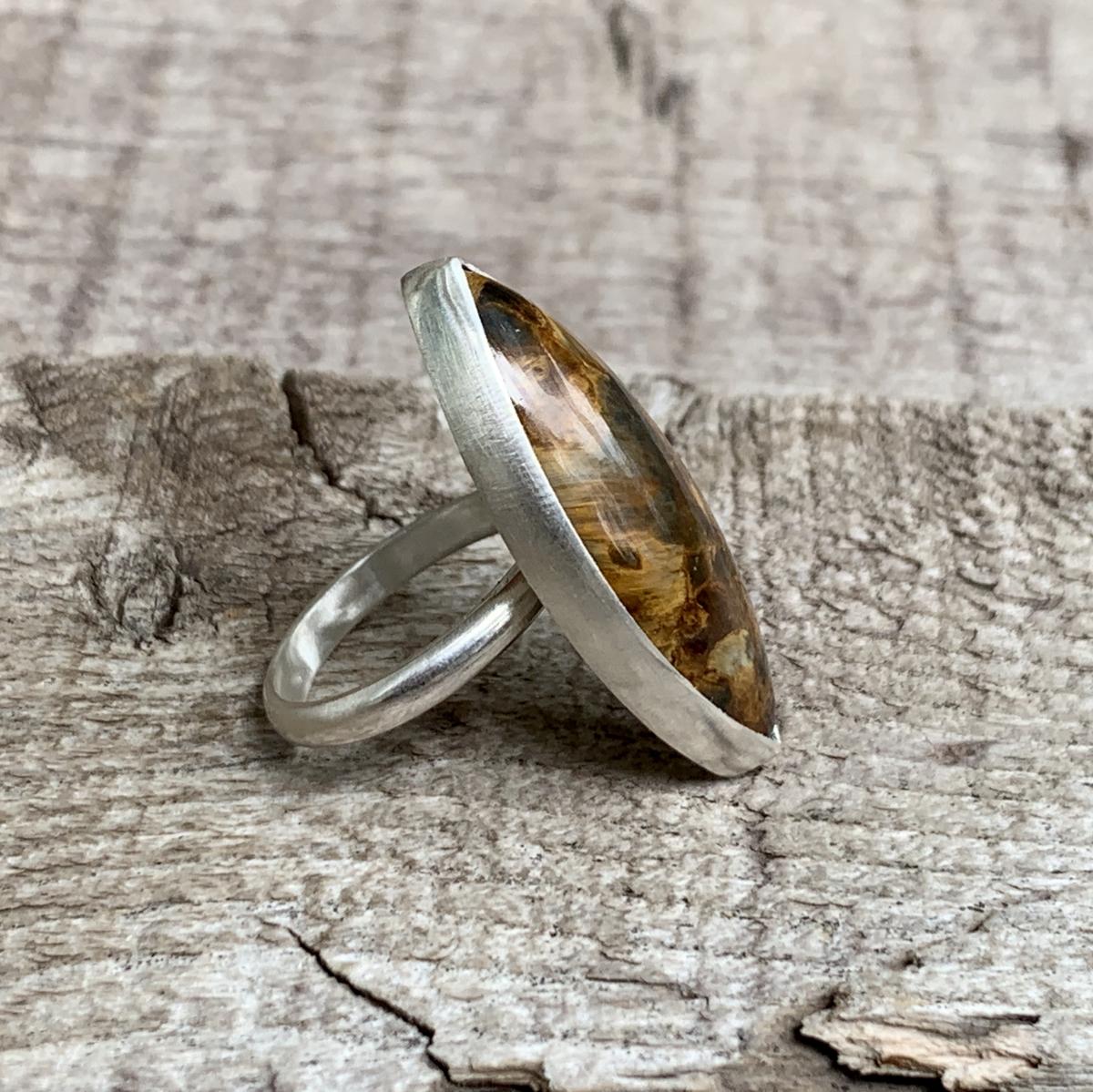 Rare One of a Kind Marquise Golden Brown Pietersite Sterling Silver Ring picture