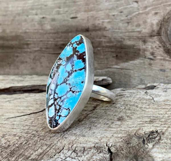 Large Free Form Geometric Light Blue and Black Tibetan Turquoise Sterling Silver Ring picture