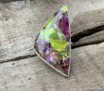 Stunning Large Triangle Prehnite Amethyst Copper Turquoise Sterling Silver Statement Ring with Hand Hammered Ring Band