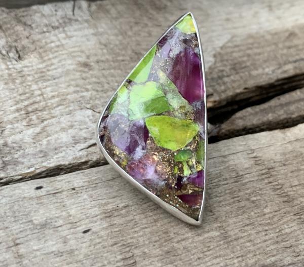 Stunning Large Triangle Prehnite Amethyst Copper Turquoise Sterling Silver Statement Ring with Hand Hammered Ring Band picture