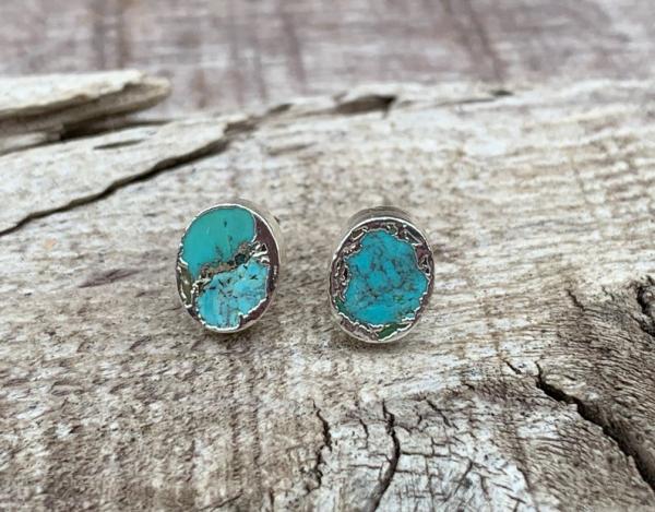 Tibetan Turquoise SIlver Dipped Stud Earrings | Turquoise Earrings | Turquoise Studs | December Birthstone picture