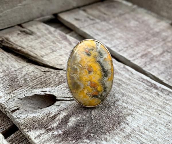 Large Black Gray Orange Yellow Oval Bumble Bee Jasper Sterling Silver Statement Ring | Jasper Ring