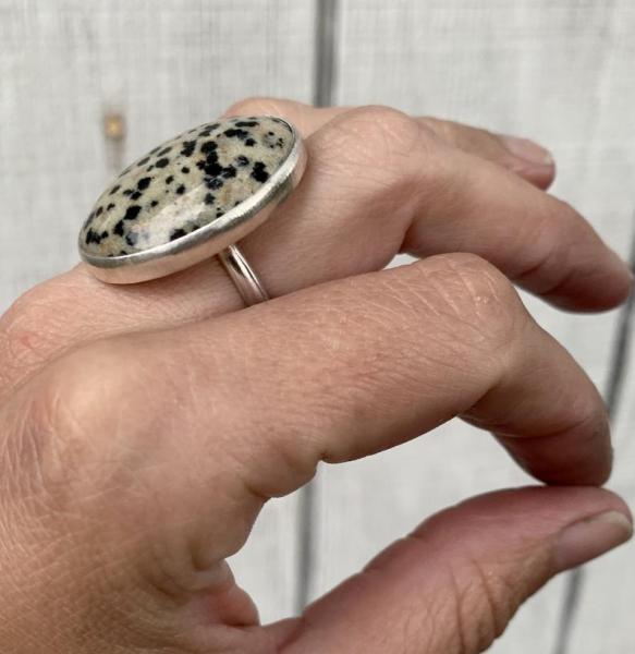 Large Oval Dalmatian Jasper Black and Off White Spotted Sterling Silver Statement Ring picture