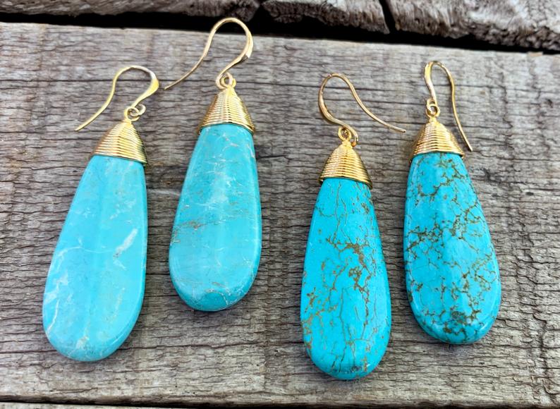 Large Boho Chic Blue Veined Tibetan Turquoise Teardrop Earrings picture