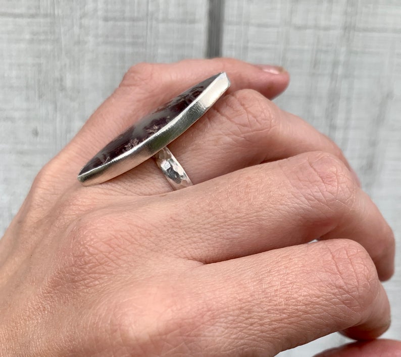 Rare One of a Kind Red Moss Agate Free Form Sterling Silver Ring with Hammered Band picture