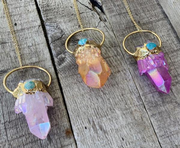 Chunky Amethyst, Turquoise, Rainbow Quartz 14 Karat Gold Electroplated Power Pendant picture