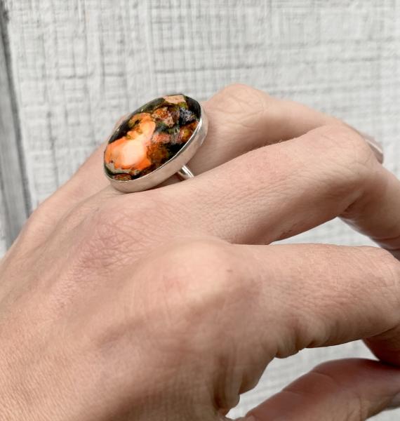 Oval Bright Orange Copper Sea Sediment Ocean Jasper Sterling Silver Ring picture