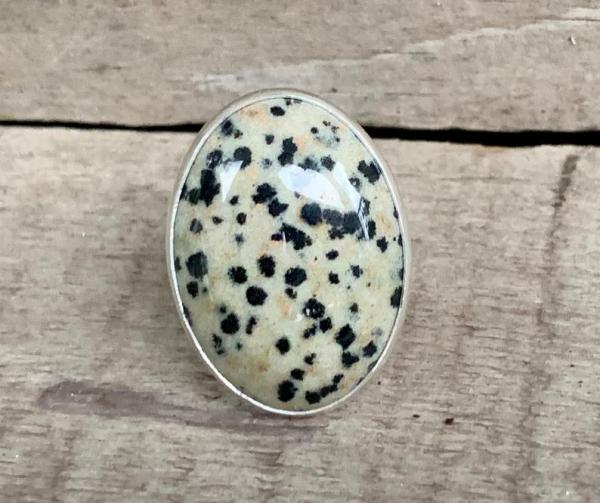 Large Oval Dalmatian Jasper Black and Off White Spotted Sterling Silver Statement Ring picture