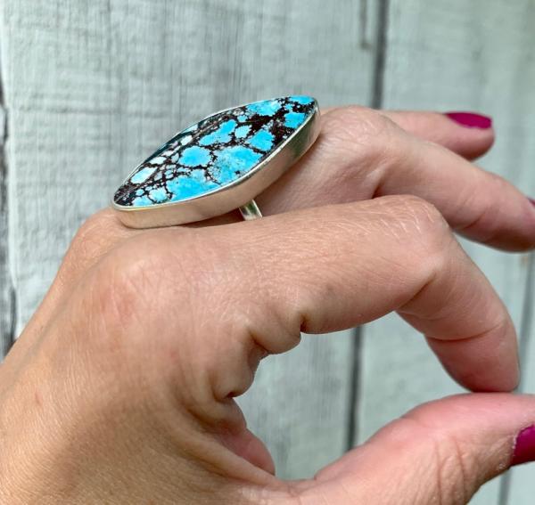 Large Free Form Geometric Light Blue and Black Tibetan Turquoise Sterling Silver Ring picture