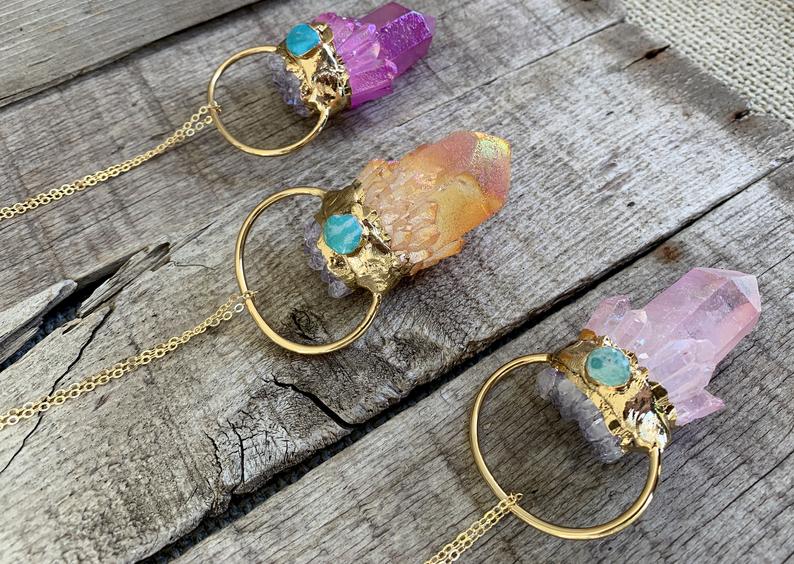 Chunky Amethyst, Turquoise, Rainbow Quartz 14 Karat Gold Electroplated Power Pendant picture