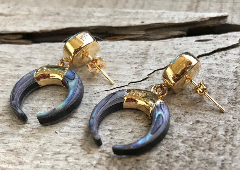 Tibetan Blue Turquoise and Abalone Horn Crescent Gold Earrings | Turquoise Earrings | Gold Earrings | Shell Earrings | Horn Earrings picture