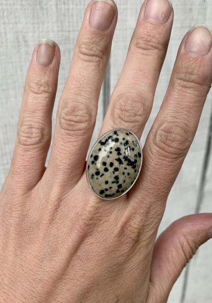 Large Oval Dalmatian Jasper Black and Off White Spotted Sterling Silver Statement Ring picture