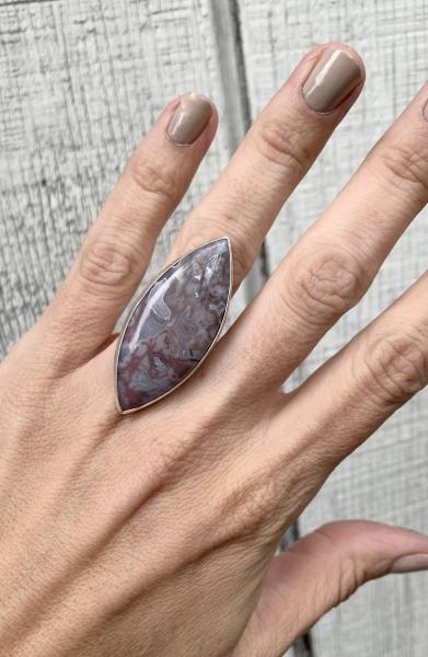 Large Marquise Pink Lilac White Moss Opal Agate Sterling Silver Ring with Hammered Ring Band picture