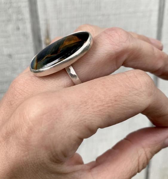 Large Oval Luminescent Shiny Blue and Brown Pietersite Sterling Silver Ring with Hammered Band | Cleansing Stone picture