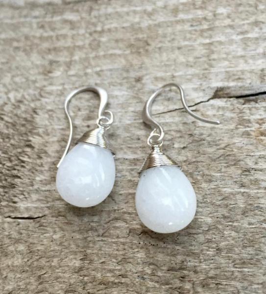 Dainty Elegant White Jade Silver Rhodium Wire Wrapped Dangle Silver Earrings picture
