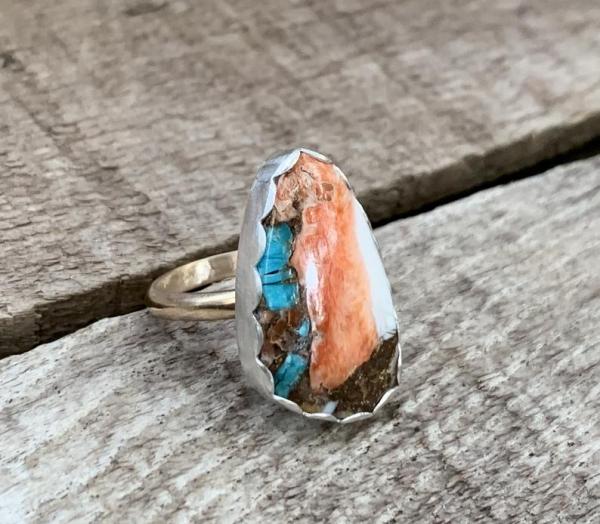 Unique Geometric Freeform Spiny Oyster Turquoise Ring with Copper Highlights and 14 Karat Gold Filled Ring Band picture