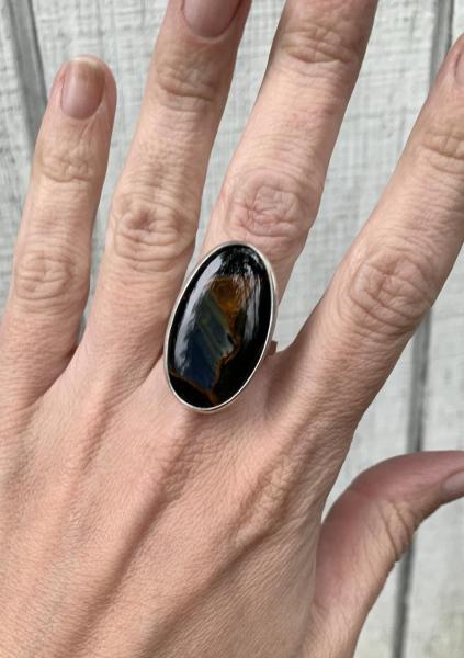 Large Oval Luminescent Shiny Blue and Brown Pietersite Sterling Silver Ring with Hammered Band | Cleansing Stone picture