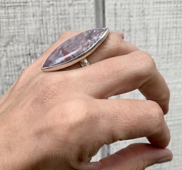 Large Marquise Pink Lilac White Moss Opal Agate Sterling Silver Ring with Hammered Ring Band picture