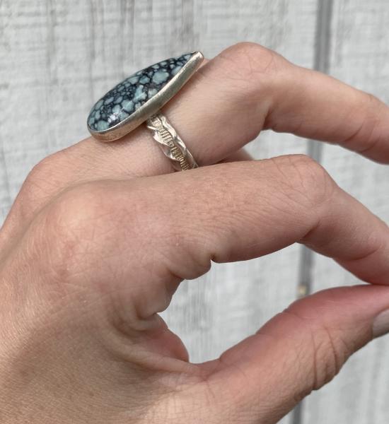 One of a Kind Teardrop Spotted Tibetan Turquoise Sterling Silver Ring with Patterned Ring Band | Turquoise Ring | December Birthstone picture