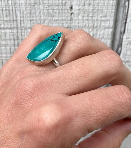 Geometric Bright Blue Veined Turquoise Sterling Silver Statement Ring picture