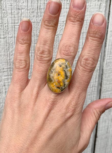 Large Black Gray Orange Yellow Oval Bumble Bee Jasper Sterling Silver Statement Ring | Jasper Ring picture