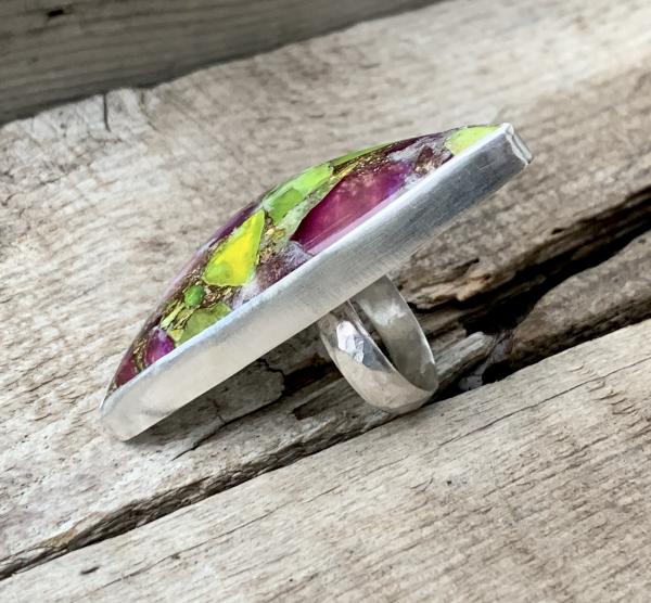 Stunning Large Triangle Prehnite Amethyst Copper Turquoise Sterling Silver Statement Ring with Hand Hammered Ring Band picture