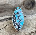 Large Free Form Geometric Light Blue and Black Tibetan Turquoise Sterling Silver Ring