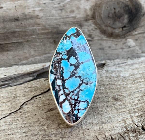 Large Free Form Geometric Light Blue and Black Tibetan Turquoise Sterling Silver Ring picture