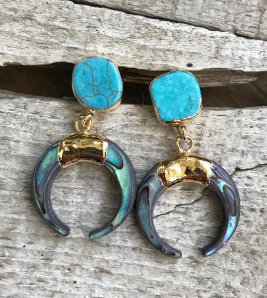 Tibetan Blue Turquoise and Abalone Horn Crescent Gold Earrings | Turquoise Earrings | Gold Earrings | Shell Earrings | Horn Earrings picture