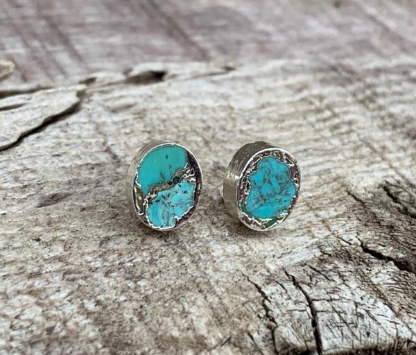 Tibetan Turquoise SIlver Dipped Stud Earrings | Turquoise Earrings | Turquoise Studs | December Birthstone picture