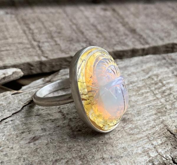 Vintage Oval Opalite Glass with Gold Foil Backing Carved Egyptian Scarab Ring in Sterling Silver picture