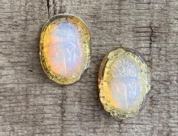 Vintage Oval Opalite Glass with Gold Foil Backing Carved Egyptian Scarab Ring in Sterling Silver picture