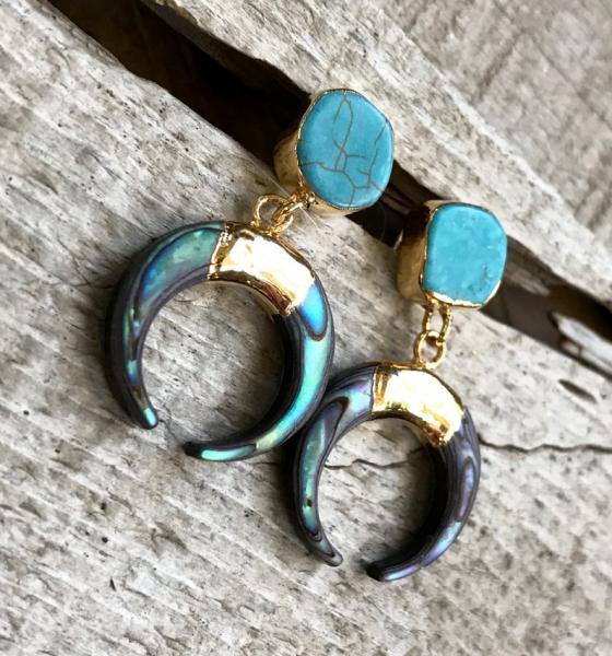 Tibetan Blue Turquoise and Abalone Horn Crescent Gold Earrings | Turquoise Earrings | Gold Earrings | Shell Earrings | Horn Earrings picture