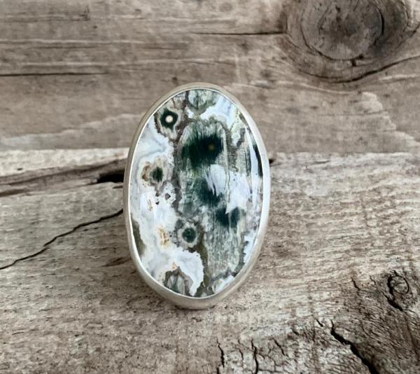 Rare One of a Kind Black White Gray Ocean Jasper Sterling Silver Ring picture