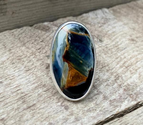 Large Oval Luminescent Shiny Blue and Brown Pietersite Sterling Silver Ring with Hammered Band | Cleansing Stone