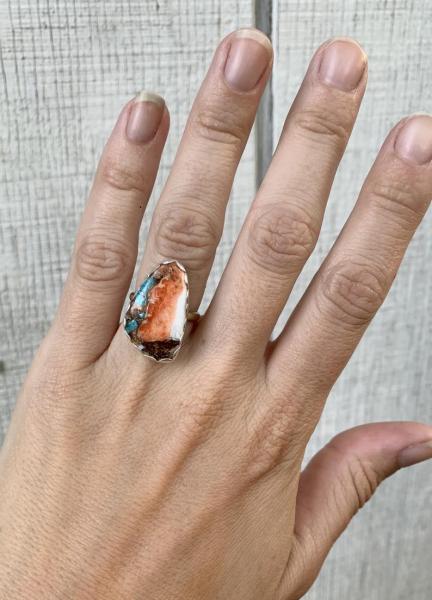 Unique Geometric Freeform Spiny Oyster Turquoise Ring with Copper Highlights and 14 Karat Gold Filled Ring Band picture