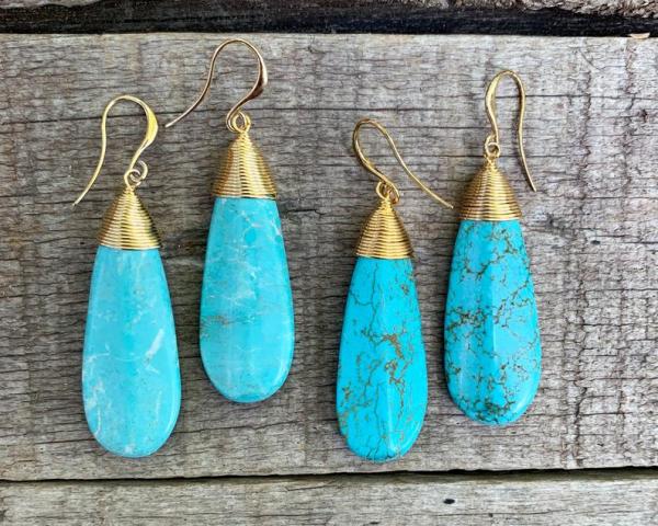 Large Boho Chic Blue Veined Tibetan Turquoise Teardrop Earrings picture