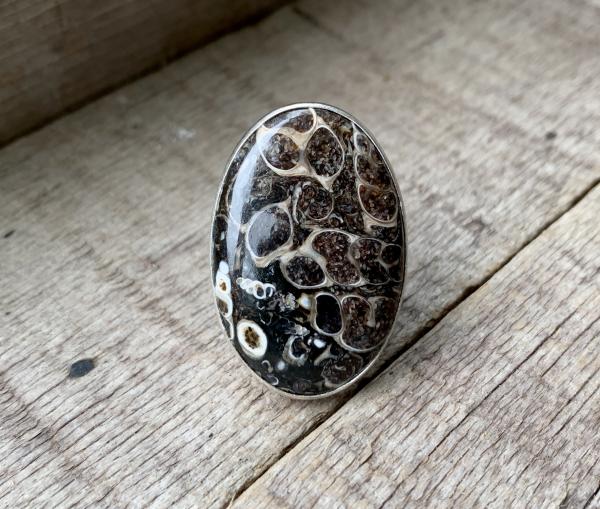 Rare Large Oval Turritella Agate Sterling Silver Statement Ring | Fossil Ring picture