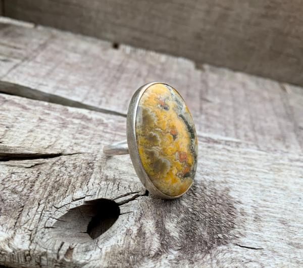 Large Black Gray Orange Yellow Oval Bumble Bee Jasper Sterling Silver Statement Ring | Jasper Ring picture