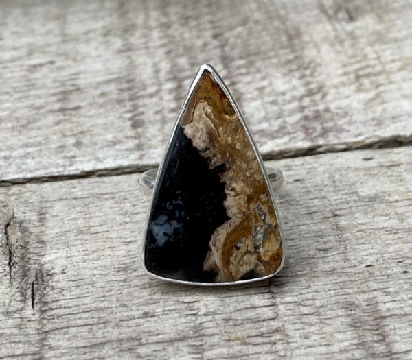 Geometric Triangle Petrified Palm Wood Sterling Silver Statement Ring picture