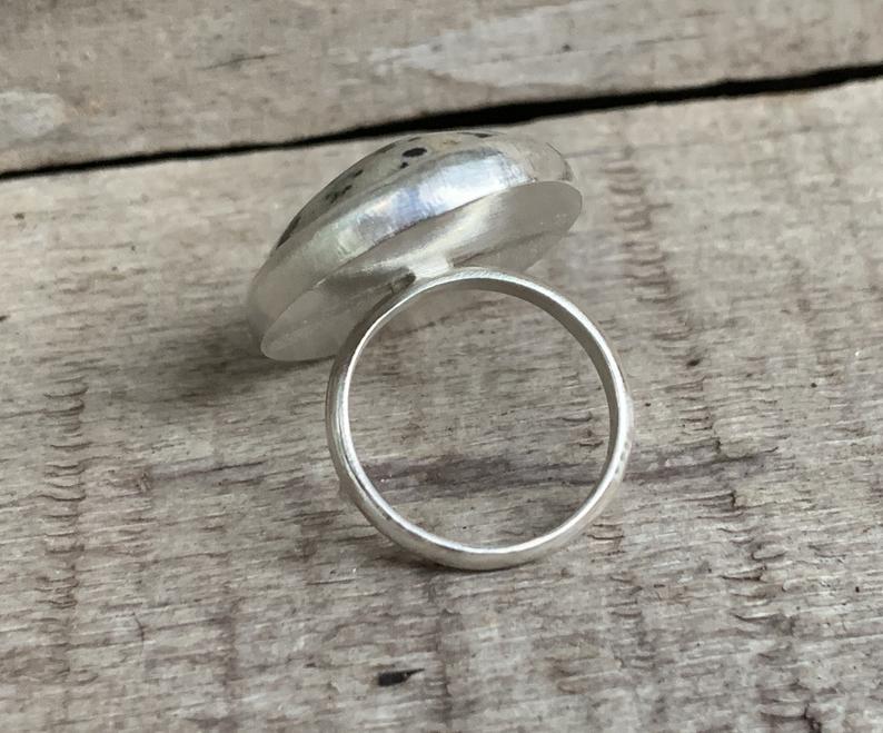 Large Oval Dalmatian Jasper Black and Off White Spotted Sterling Silver Statement Ring picture